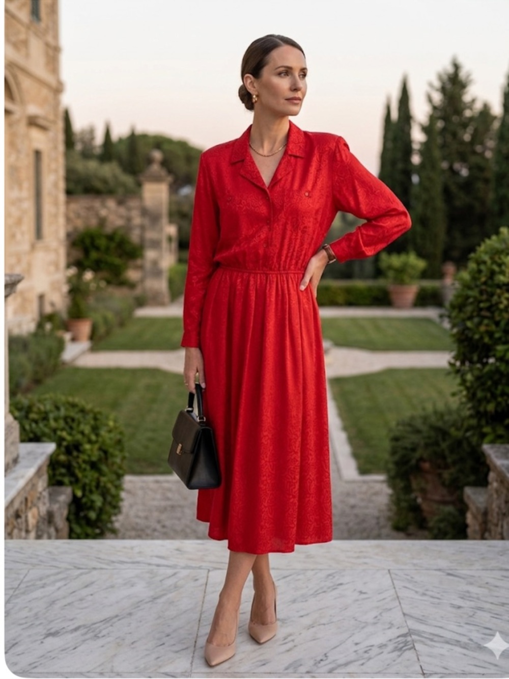 VINTAGE Nilani 100% Silk Jacquard Midi Dress Red Floral Quiet Luxury Sz 13/14
